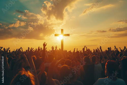 Fotografiet Sunset Worship: Crowd with Raised Hands at Cross Silhouette