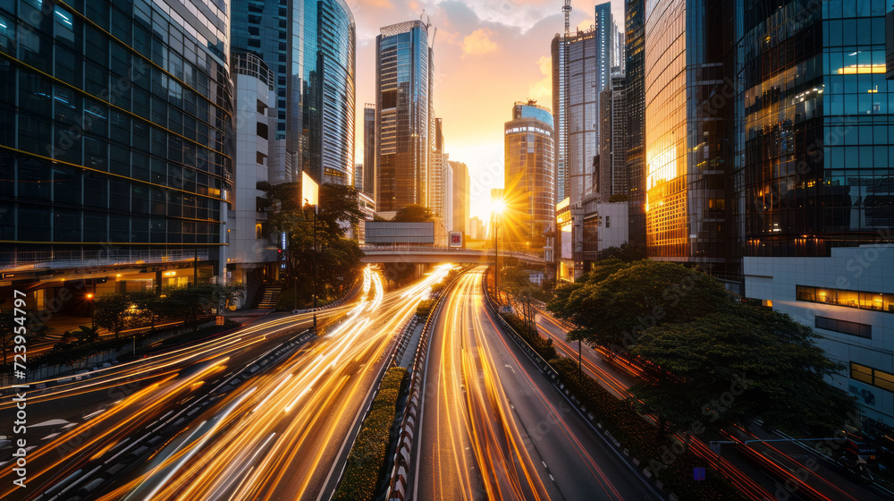 A panoramic view of the cityscape captures the transition from night to morning, with skyscrapers standing tall against the vibrant colors of sunrise, signaling the start of downtown's busy day