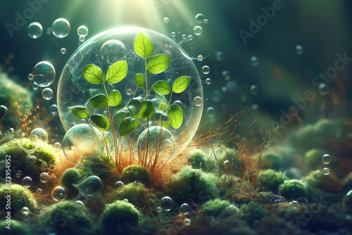 Green leaves in a drop of water among a desert landscape
