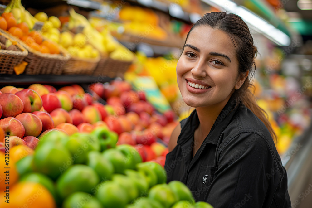 Smiling hispanic female supermarket fruit section worker looking at the camera 
