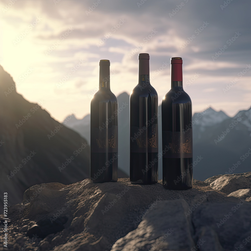 Three Wine Bottles Set Dramatically Against Mountainous Background Three Wine Bottles Set Dramatically Against Mountainous Background