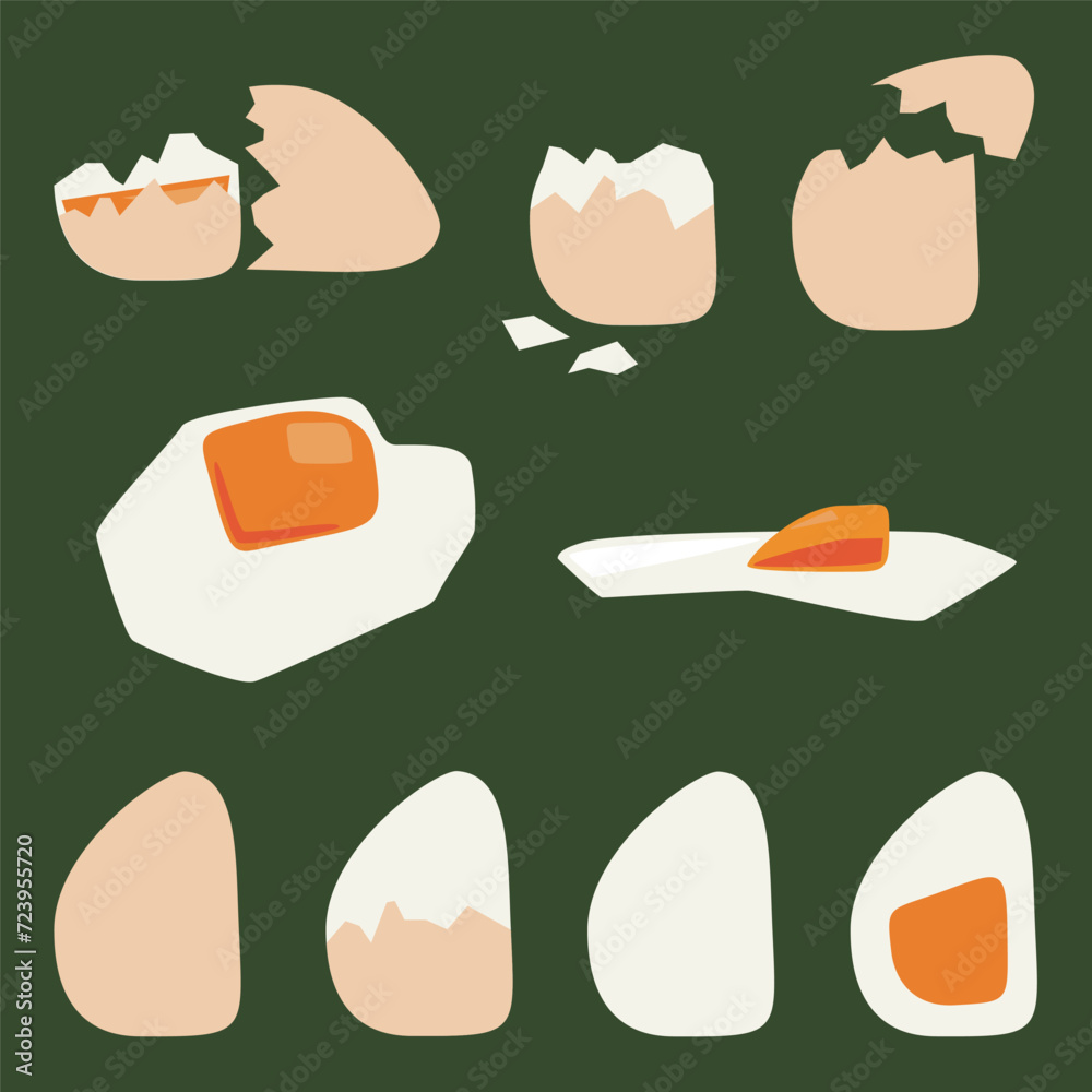 Egg Collection. Ingredients of a healthy breakfast. Stylization. Isolated objects on colored background. Vector illustration.