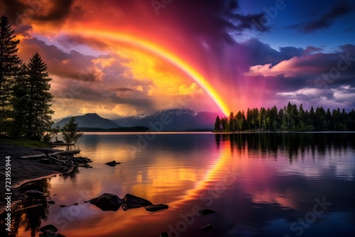 Rainbow during sunset at the lake  dark clouds  wallpaper background