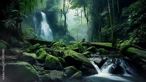 Waterfall scene in tropical forest, 4k animated virtual repeating seamless