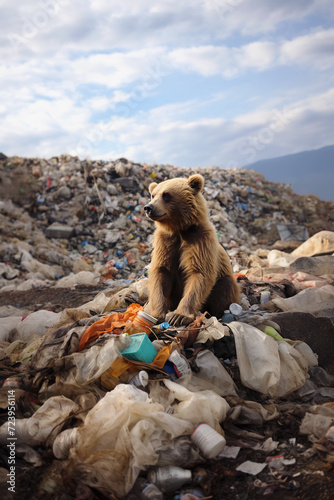 A hungry brown bear surrounded by plastic waste: bottles, bags. A bear is looking for food at a landfill. The concept of human influence on the world. A mountain of garbage in the background. Vertical