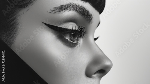 Black and white side-on portrait close up of a models face, Eyeliner design, fashion make-up