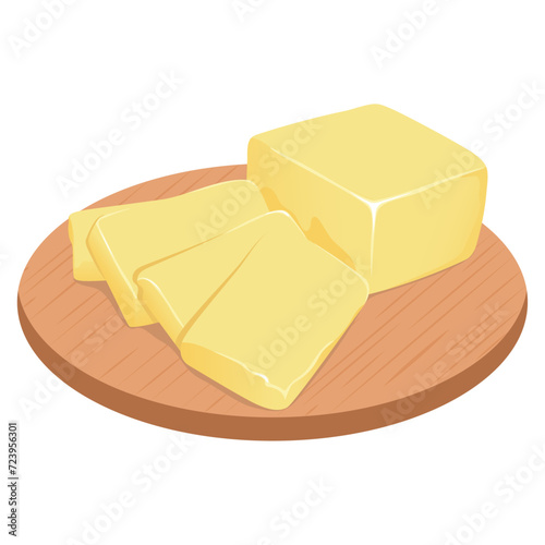Pieces of butter, margarine, spreads and dairy products on a wooden cutting board isolated on white background. Flat vector illustration.