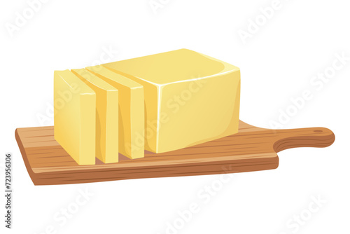 Pieces of butter, margarine, spreads and dairy products on a wooden cutting board isolated on white background. Flat vector illustration.