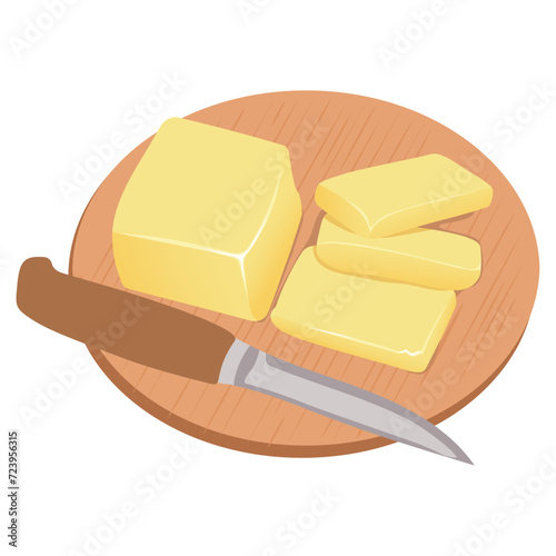 Top view pieces of butter, margarine, spreads and dairy products on a wooden cutting board with knife isolated on white background. Flat vector illustration.