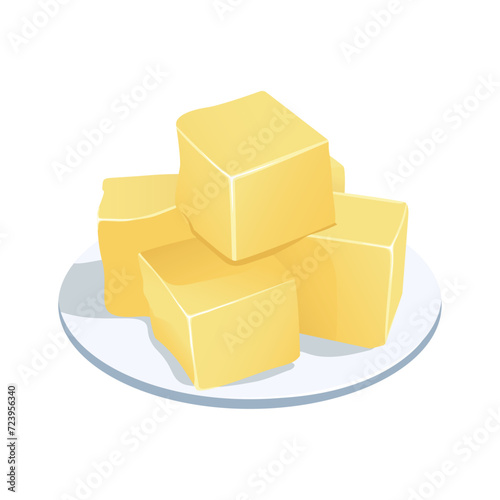 Pieces of butter, margarine, spreads and dairy products on a plate stacked in a pyramid. Flat vector illustration.
