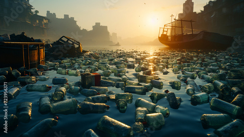 Empty plastic garbage floats in the sea, in the port. The concept of ways to solve environmental problems around the world. Copy space
