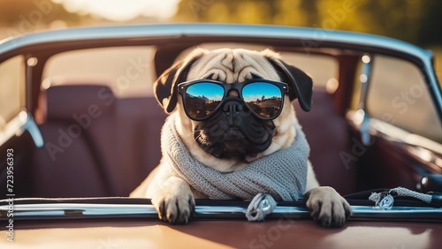 A pug puppy with a comical expression  sitting in a miniature convertible car  with oversized sunglasses 