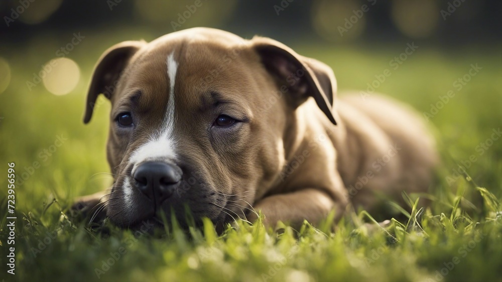 american staffordshire terrier Staffordshire Terriers Bull puppy sleeping on the lawn 