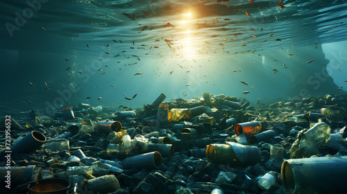 Garbage at the bottom of the sea, ocean. Plastic water pollution. A large amount of various garbage pollutes the bottom of the sea. The concept of ecology, environmental disaster around the world