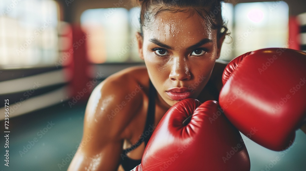 Determined young woman with boxing gloves intensely focused during a workout in a brightly lit gym
