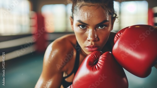Determined young woman with boxing gloves intensely focused during a workout in a brightly lit gym