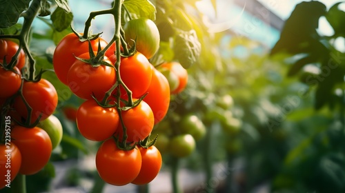 Close up of ripe tomatoes plant growing in greenhouse with copy space
