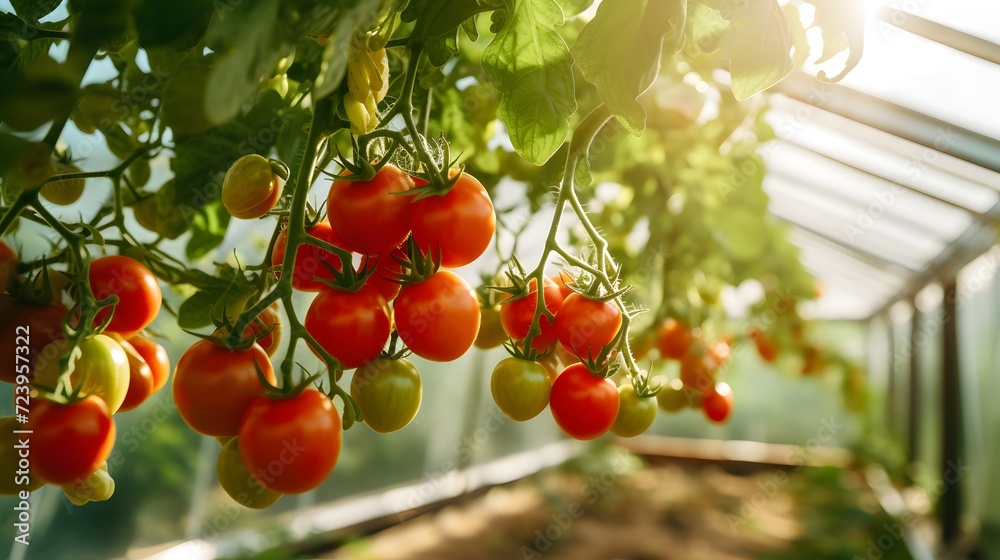 Close up of ripe tomatoes plant growing in greenhouse with copy space
Close up of ripe tomatoes plant growing in greenhouse with copy space