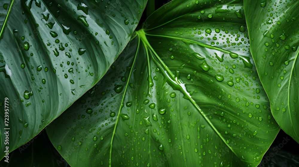 Closeup green leaf with rain drop texture background. Elephant ear leaf ...