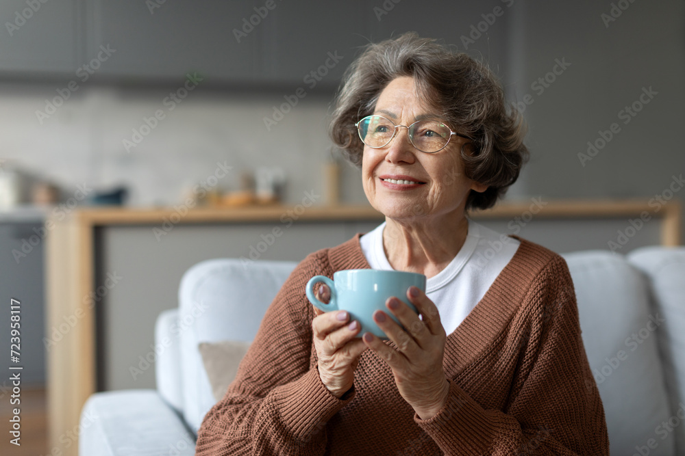 Grandmother start day with favourite beverage sitting on couch and hold in hands cup of coffee, happy retired time enjoy life concept Grandmother start day with favourite beverage sitting on couch and hold in hands cup of coffee, happy retired time enjoy life concept