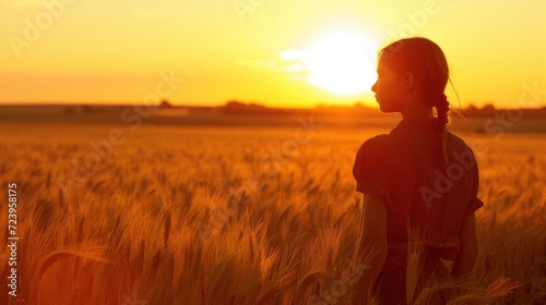 Young Girl Standing in a Wheat Field at Sunset Generative AI