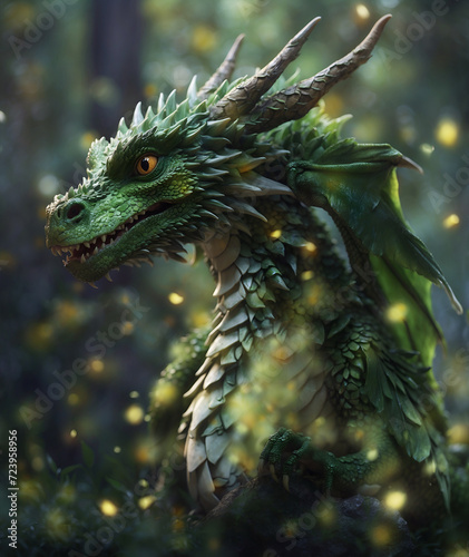 portrait of beautiful young green dragon posing against forest background. close up. 2024 year chinise symbol. New year concept. AI generated