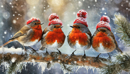 Closeup of a group of robin birds with red wool hats on a tree branch in winter. Generative Ai. (Erithacus Rubecula).