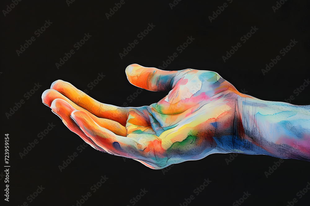 Poster of Colorful painted  hand on black background