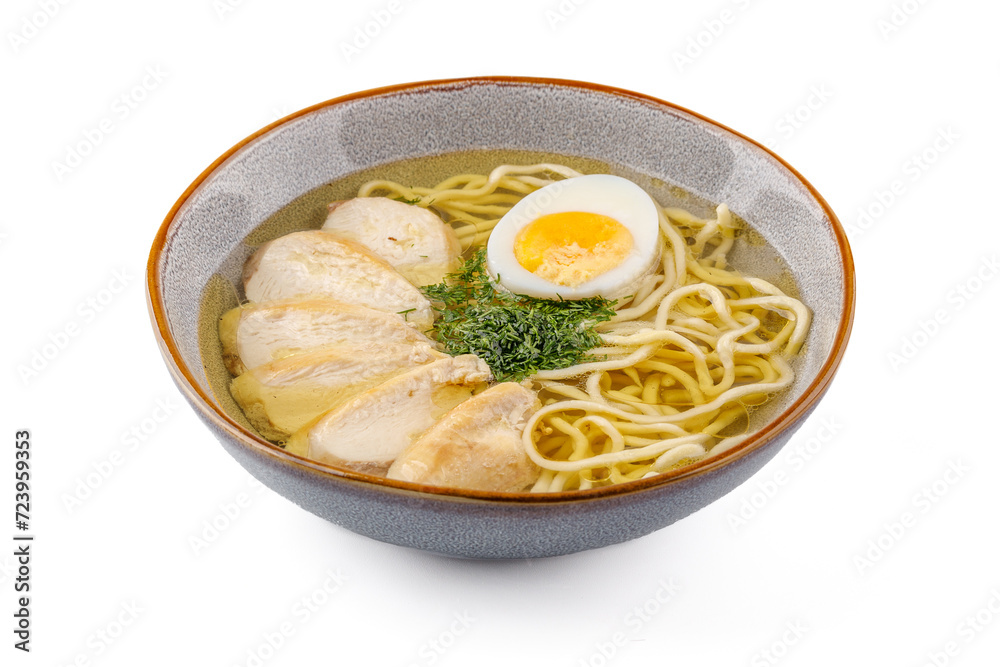 Chicken soup with homemade noodles on a white background studio shot 1 Chicken soup with homemade noodles on a white background studio shot 1