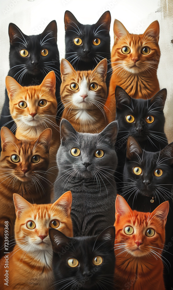 Fototapeta premium Studio shot of group of mixed race cats looking at camera