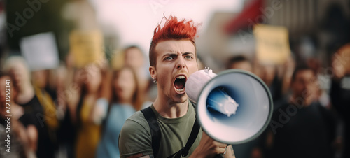 Young man shouting through megaphone at protest, civil disobedience and riot concept photo