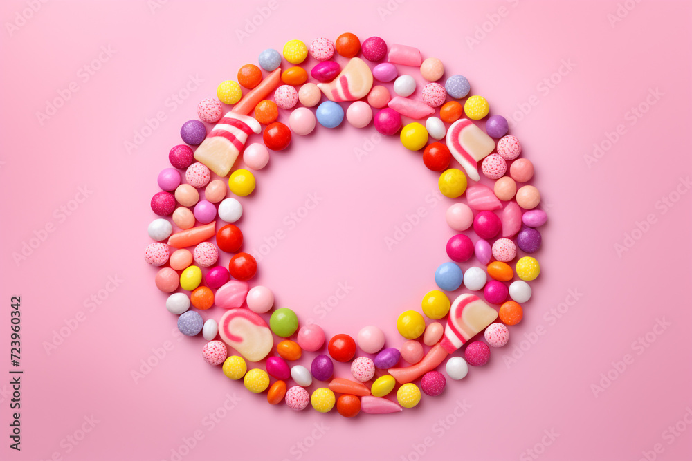 illustration of different candies and jellys on pink background. Created with Generative AI illustration of different candies and jellys on pink background. Created with Generative AI