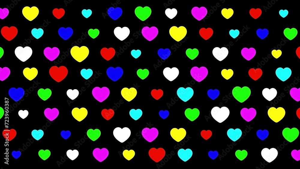 Beautiful illustration of colorful hearts pattern on plain black background