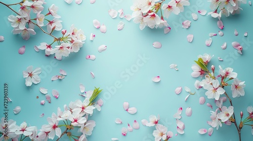 Beautiful spring nature background with lovely blossom, petal a on turquoise blue background , top view, frame. Springtime concept 