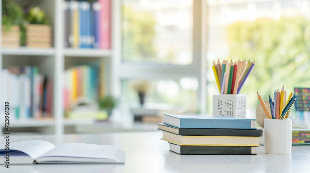 Cropped Shot of a Cozy Study Room with White Table, Books, and Stationery Cropped Shot of a Cozy Study Room with White Table, Books, and Stationery