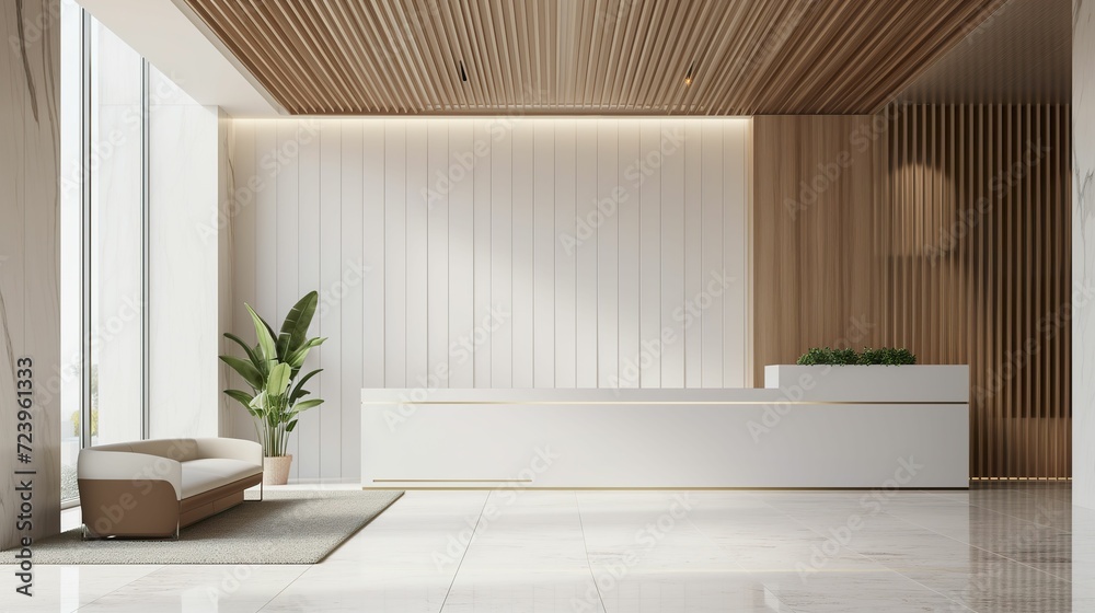 Fototapeta premium Spacious Elegance, Modern Reception Counter in a Luxury Contemporary Lobby