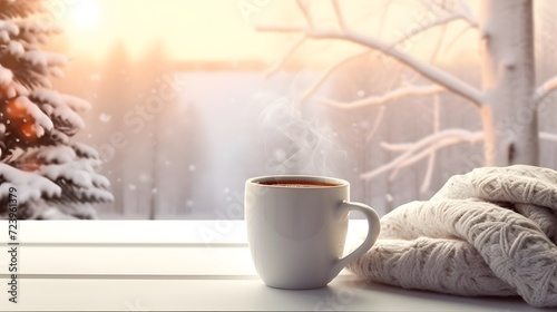 Cozy warm winter composition with cup of hot coffee or chocolate, cozy blanket and snowy landscape on sunny winter day.