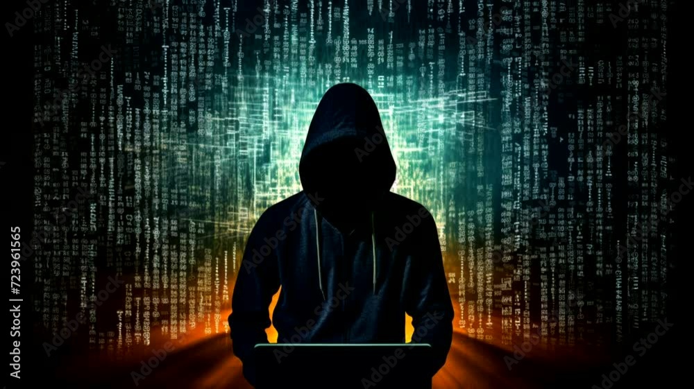 Hacker silhouette scene with digital background, 4k animated virtual ...