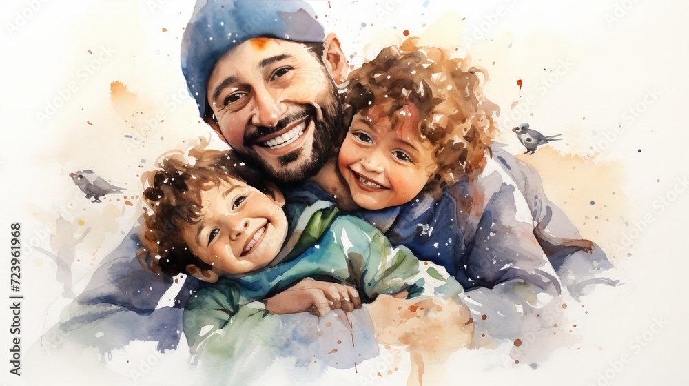 Man with a friendly smiling face with children on a white background, watercolor.