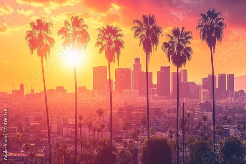 Palm trees and sun setting over the Los Angeles skyline