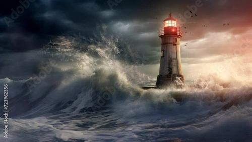Scene of the lighthouse being hit by waves and storms, 4k animated virtual repeating seamless photo