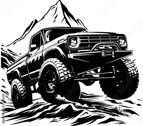 Monochrome illustration capturing the essence of offroad excitement with a mud-covered silhouette