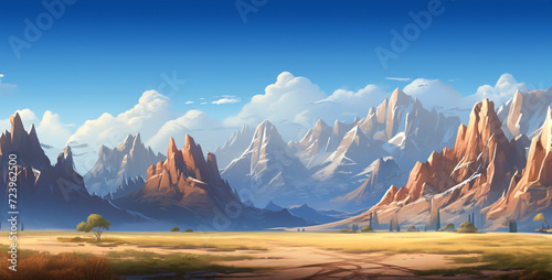 Beautiful fantasy landscape with mountains and clouds - illustration for children.