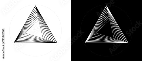 Geometric triangle shape with swirl lines as modern design element, logo or icon. Black shape on a white background and the same white shape on the black side.
