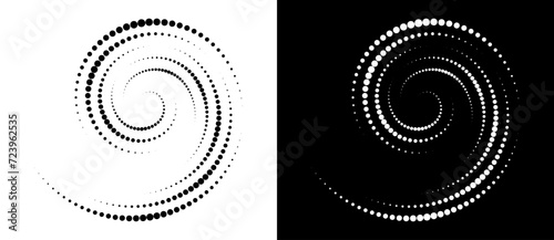 Modern abstract background. Halftone dots in circle form. Spiral logo, icon or design element. Black dots on a white background and white dots on the black side.