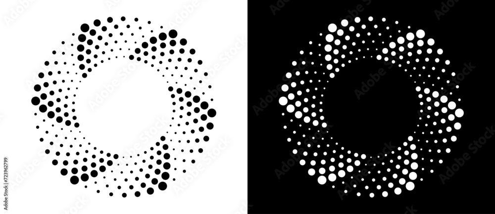Modern abstract background. Halftone dots in circle form. Spiral logo, icon or design element. Black dots on a white background and white dots on the black side.
