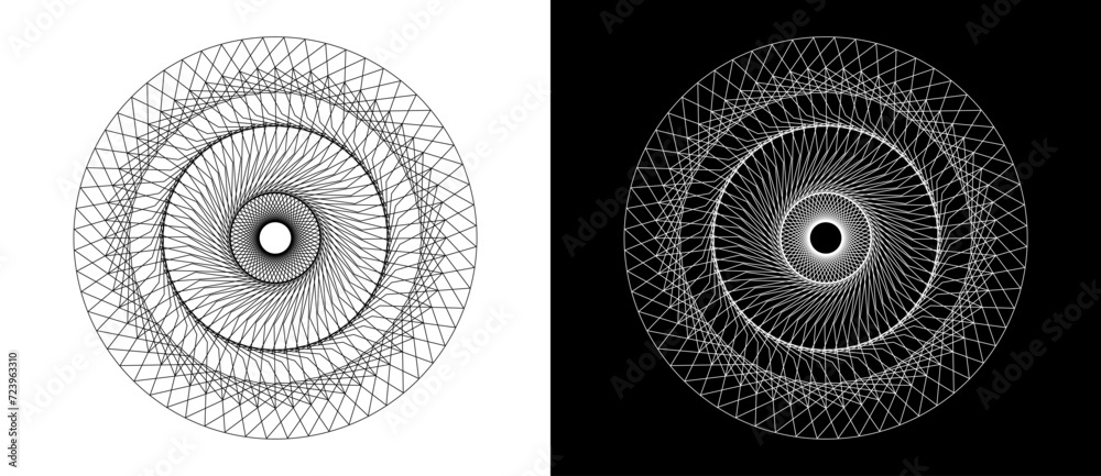 Lines in circle like safety pattern or guilloche for any projects. Black shape on a white background and the same white shape on the black side. - obrazy, fototapety, plakaty 