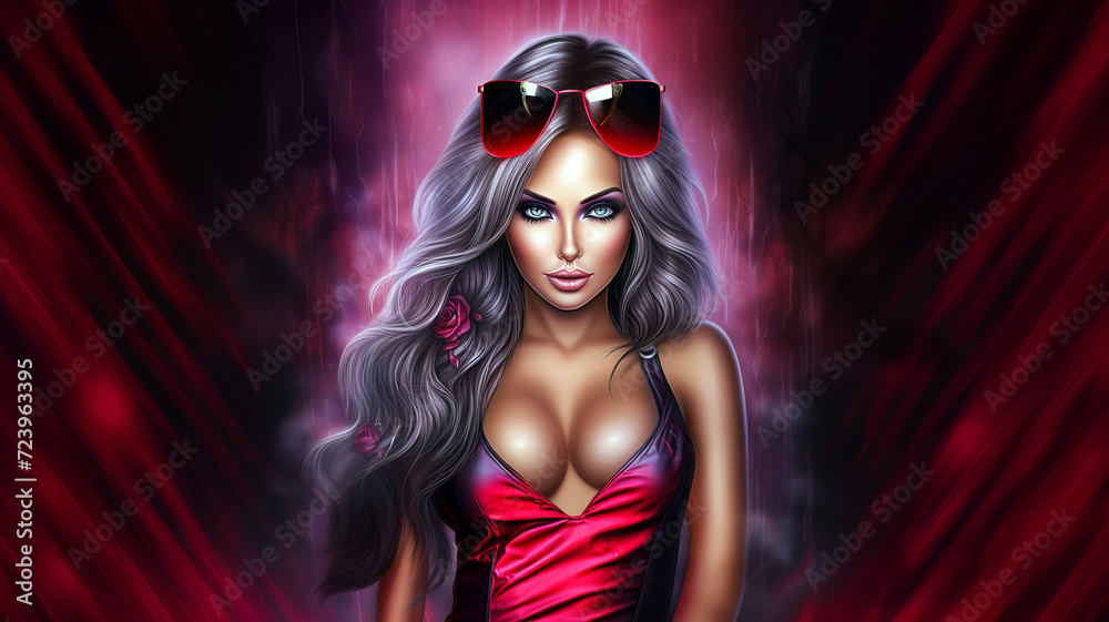 A stylized digital portrait of a woman with long wavy gray hair and sunglasses, against a vibrant pink backdrop with a mysterious atmosphere.Fashion concept. AI generated. A stylized digital portrait of a woman with long wavy gray hair and sunglasses, against a vibrant pink backdrop with a mysterious atmosphere.Fashion concept. AI generated.