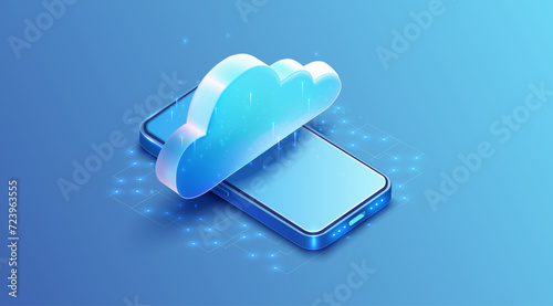 Futuristic representation of cloud computing technology with a luminous cloud above a smartphone on a blue background. Cloud Computing Concept with Smartphone. Cloud Technology illustration.