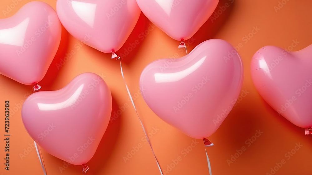 pink heart shaped balloons on peach fuzz background, concept for valentine's day, birthday, mother's day, weddings